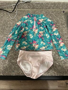 Ruffle Butts Floral Teal Long-Sleeve Rash Guard Swim Set with ruffles on bottoms